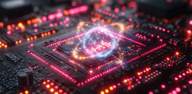 A digital representation illustrates quantum computing principles like qubit superposition and entanglement on a circuit board. Light patterns symbolize data processing and optimization activities.