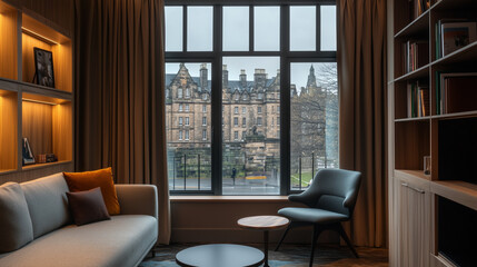 Fototapeta premium Modern Lounge with Floor-to-Ceiling Window Overlooking Edinburgh’s Historic Streets