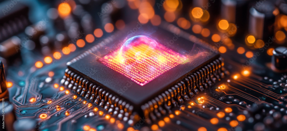 Poster A close-up view of a quantum chip exhibiting qubit functionality. Colorful patterns illustrate superposition and entanglement effects.