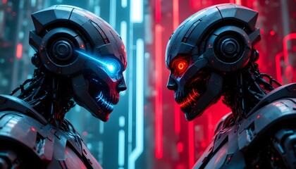 In this digital illustration, two futuristic AI robots face off in a battle between good and bad artificial intelligence