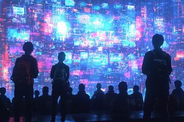 A vibrant digital art installation in a gallery, where visitors experience a metaverse-inspired projection mapping show, with vivid holographic visuals and a softly blurred audience background