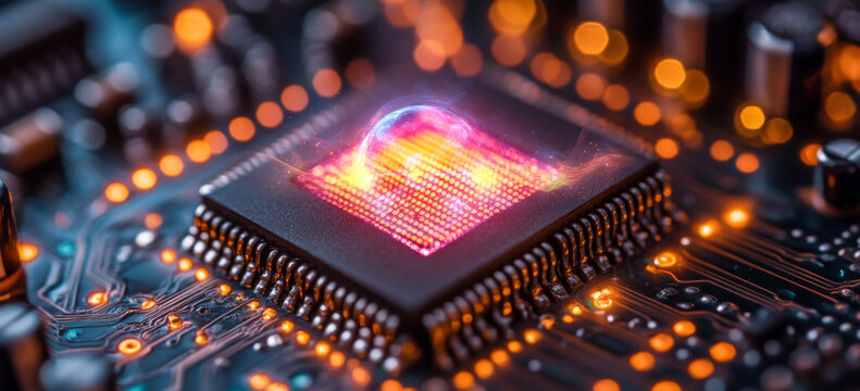 A close-up view of a quantum chip exhibiting qubit functionality. Colorful patterns illustrate superposition and entanglement effects.