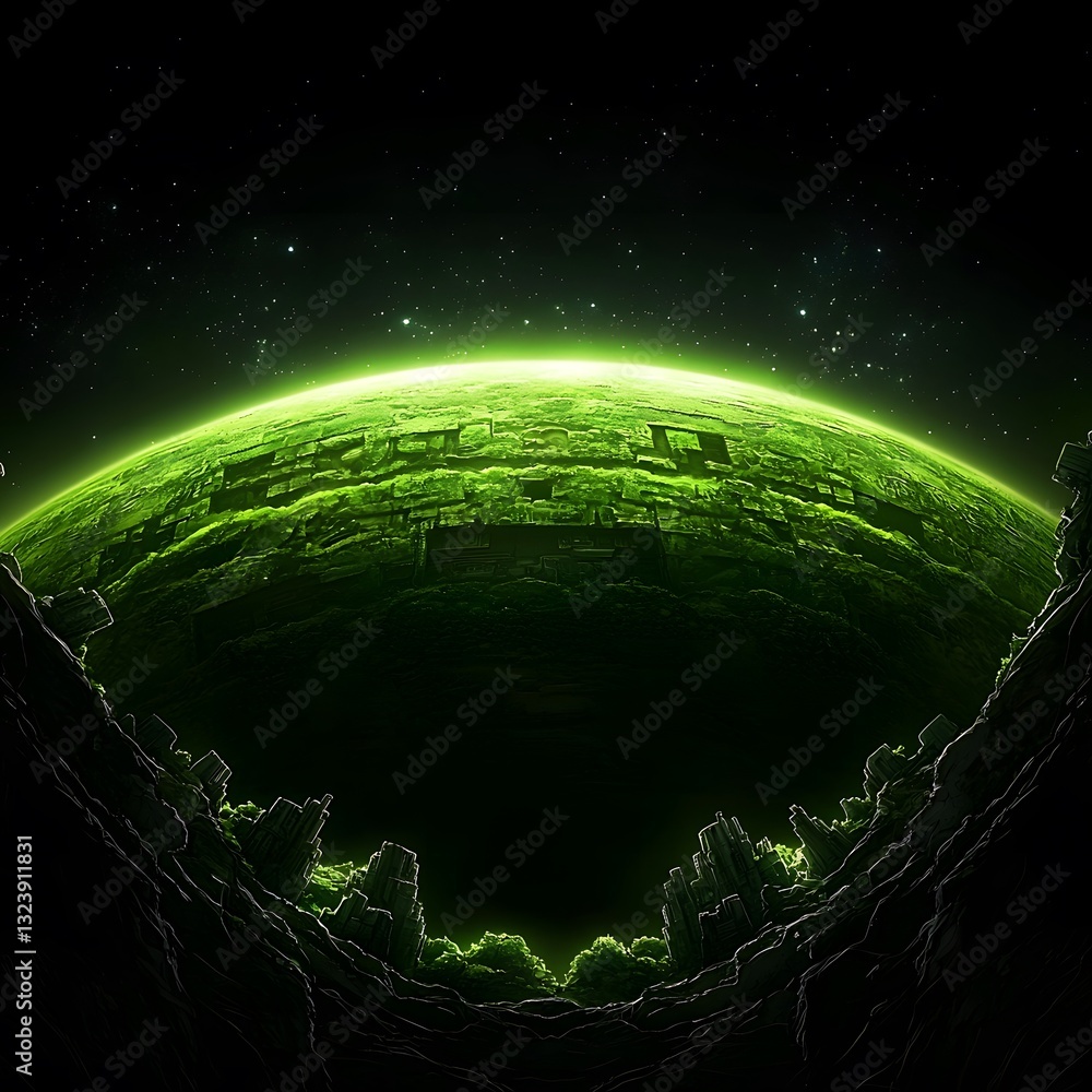 Aufkleber hyper-realistic view of an ancient green exoplanet bathed in a mysterious luminescent glow against t