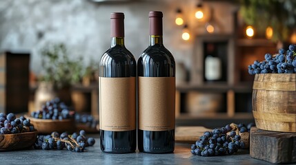 Fine Wine Still Life: Two elegant wine bottles, adorned with blank labels, are presented with fresh grapes and wooden accents, embodying the richness of wine culture in a refined tableau.