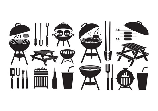 Detailed BBQ Vector: Grills, Picnic Tables Utensils for Barbecue Outdoor Cooking Graphics