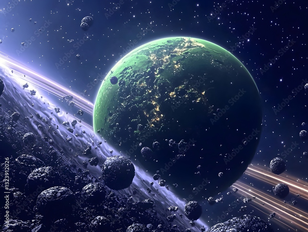 Aufkleber spectacular hyper-realistic interstellar scene featuring a massive planet surrounded by asteroids an