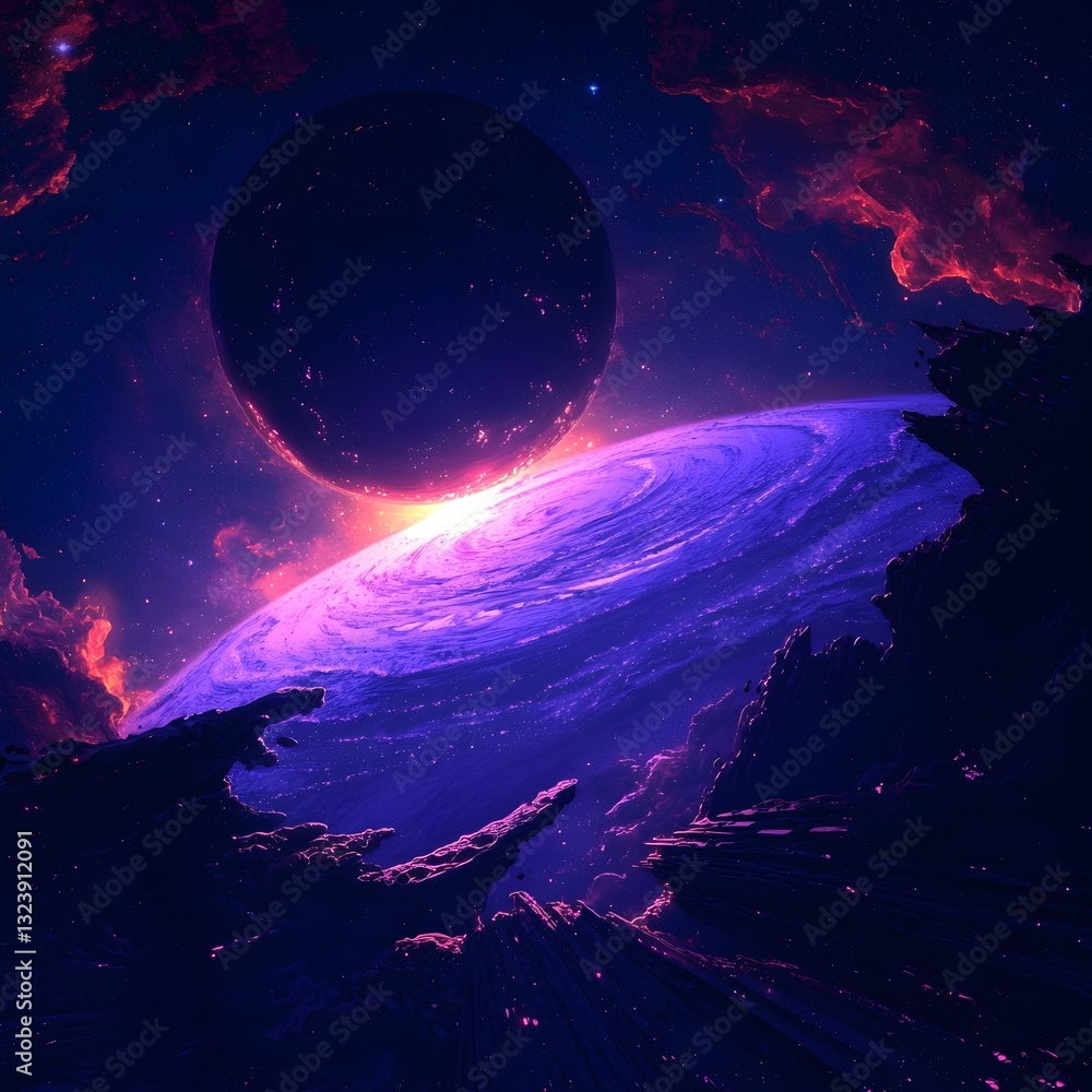 Poster enchanting hyper-realistic view of an unknown planet with a brilliant purple nebula illuminating the