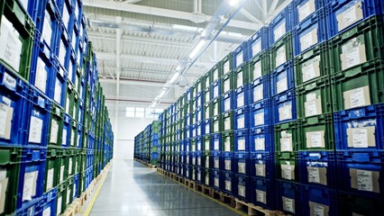 Efficient Warehouse Storage Using Stacked Plastic Crates for Better Organization and Access