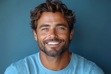 Obraz premium Smiling young man in blue t-shirt with crossed arms laughing casually in studio portrait