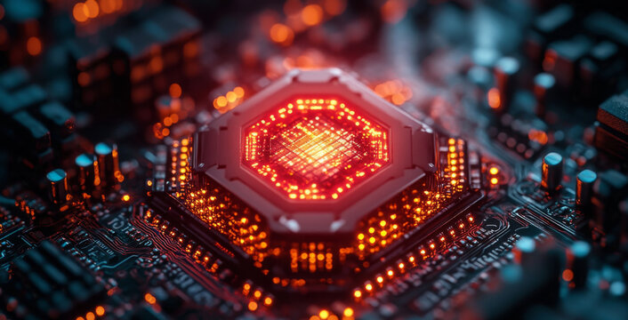 A close-up view of a quantum processor demonstrating qbit architecture illuminated in vibrant red. The intricate design showcases advancements in decoherence and superposition techniques.