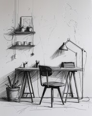 Compact freelancer workspace with a minimalist desk and sketchpad in sketch hand drawing black and white on plain white background
