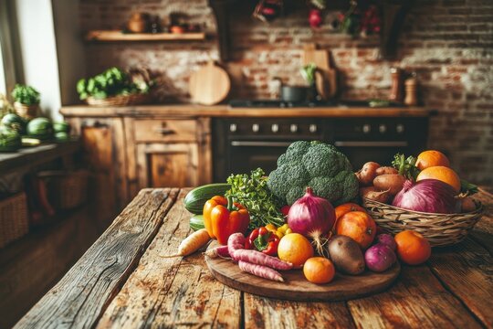 A rustic kitchen scene featuring a wooden table laden with fresh vegetables and fruits, evoking a sense of natural abundance and healthy eating in a warm and inviting home.