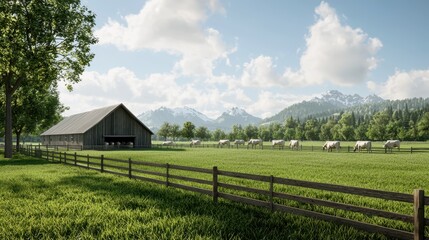 Obraz premium Scenic farm landscape with cows grazing in a green field, a barn, and mountains in the background. Peaceful rural scene.