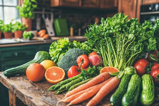 A vibrant and colorful display of fresh fruits and vegetables on a rustic wooden table, promoting healthy eating habits and a balanced diet.
