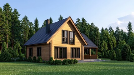 Obraz premium Modern wooden house exterior with green lawn and forest in the background. Concept of architecture, real estate, and home design.