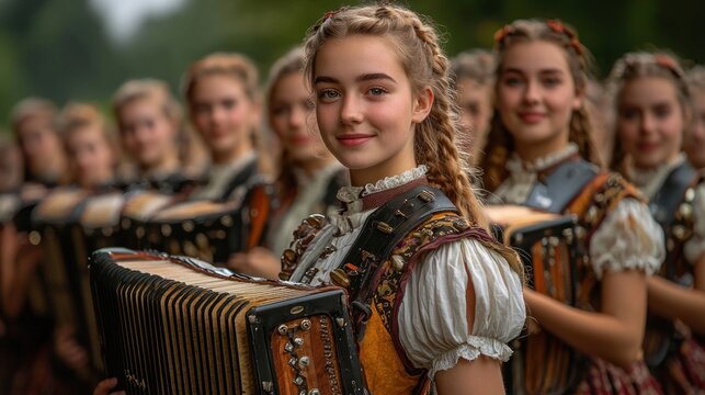 Smiling girl in traditional dress playing accordion with group. - Powered by Adobe