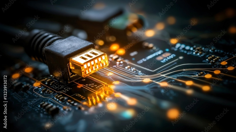 Poster close-up view of usb connector plugged into circuit board with glowing lights and electronic compone