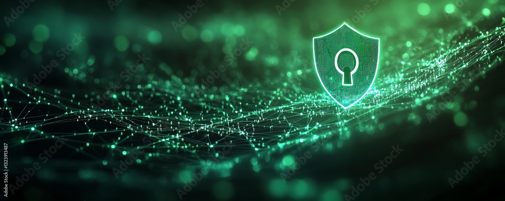 Poster digital secure data flow concept with shield and padlock icon, green interconnected documents, brigh