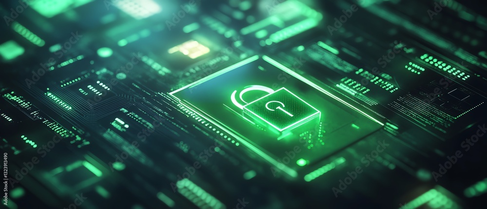 Poster digital secure data flow concept with shield and padlock icon, green interconnected documents, brigh