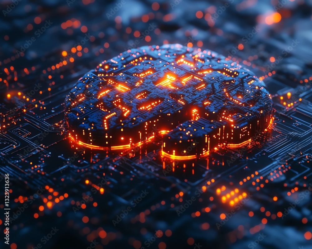 Poster light background with abstract ai brain circuit, digital tech elements, glowing neural pathways, inn