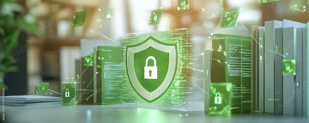 Poster secure data flow concept with shield and padlock icon on bright background, showcasing green interco