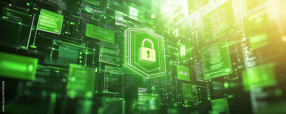 Poster secure data flow concept with shield and padlock icon on bright background, showcasing green interco