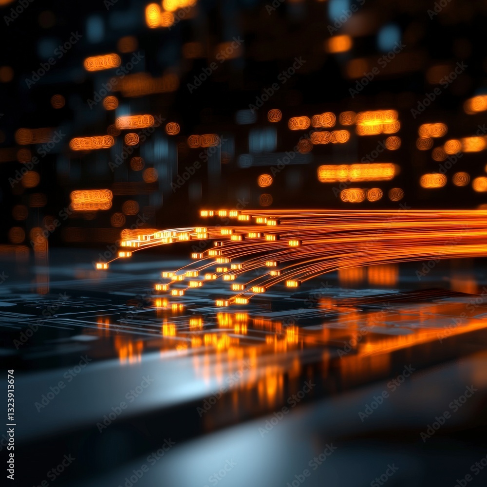 Poster abstract digital circuit with glowing orange lines illustrating technology, innovation, and data tra