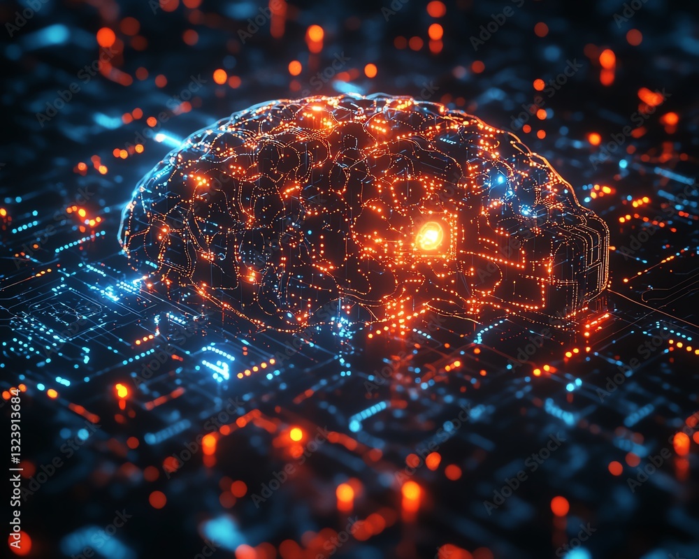 Poster light background with abstract ai brain circuit, digital tech elements, glowing neural pathways, inn