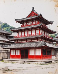 Dark brown and red samurai training dojo with wooden practice swords outside building design in sketch hand drawing color on plain white background