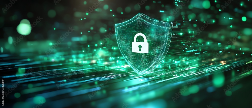Poster secure data flow concept with shield and padlock icon on bright background, showcasing green interco