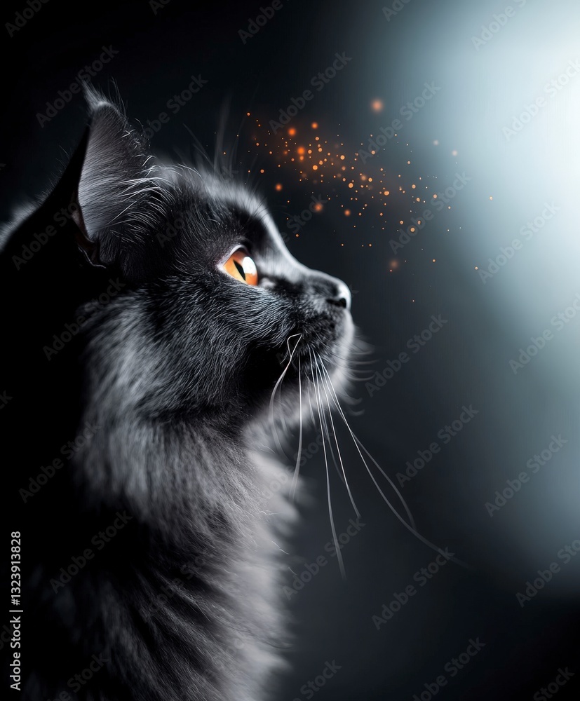 Poster majestic black cat gazing into the light with sparkling magical dust floating in the air, creating a