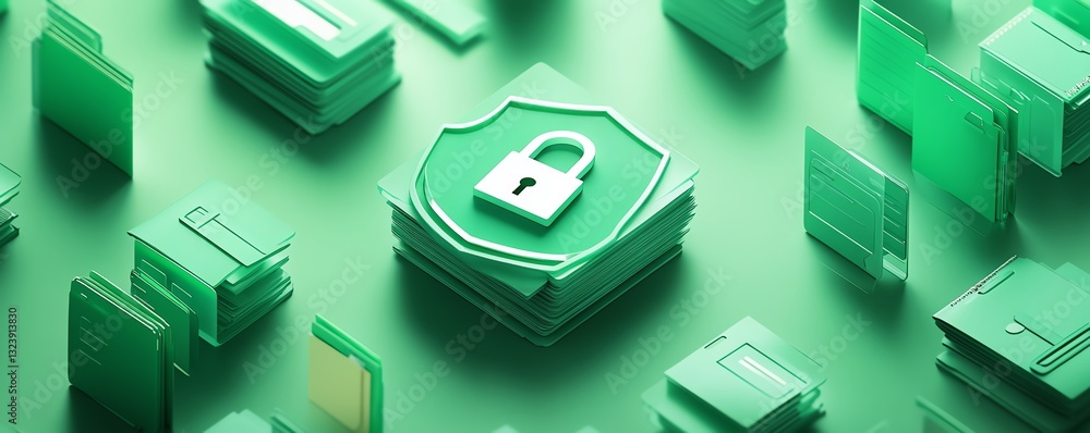 Poster secure data flow concept with shield and padlock icon on bright background, showcasing green interco