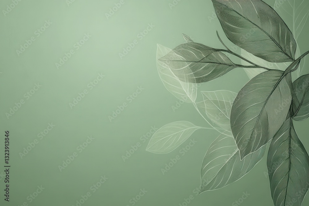 Aufkleber elegant botanical line art design with soft green background and subtle leaf textures for a modern e
