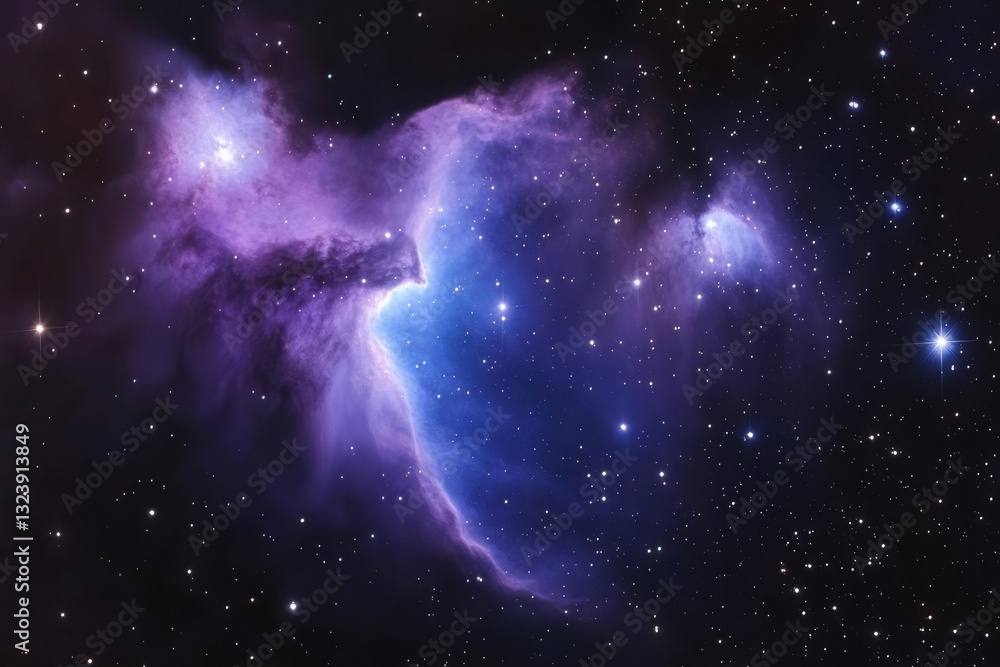 Wall mural cosmic nebula swirling with vibrant purples and blues against deep black space, dotted with brillian