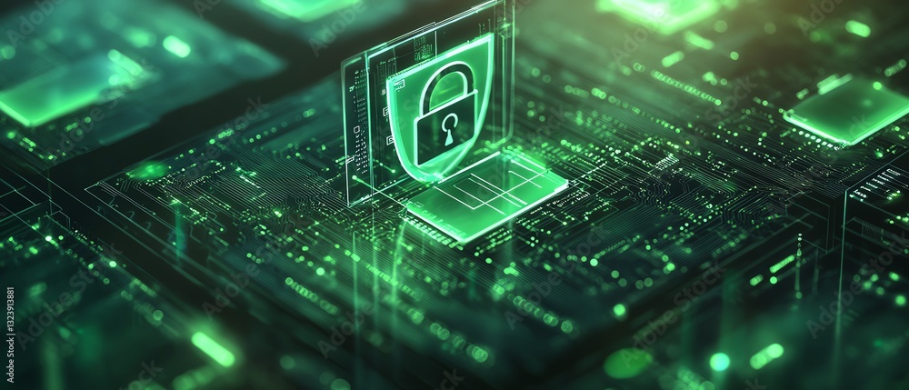 Poster secure data flow with shield and padlock icon on bright background, glowing green interconnected doc
