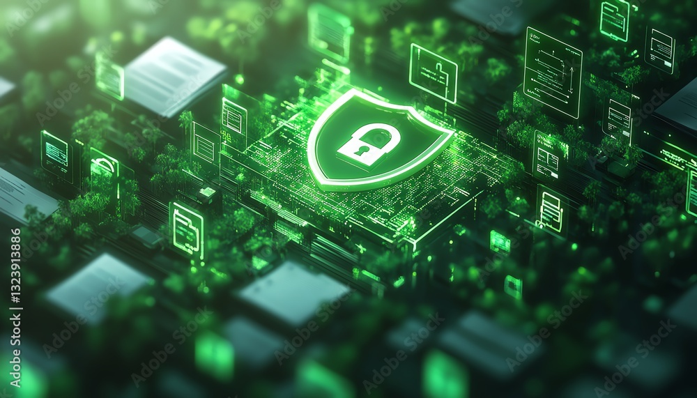 Poster secure data flow with shield and padlock icon on bright background, glowing green interconnected doc