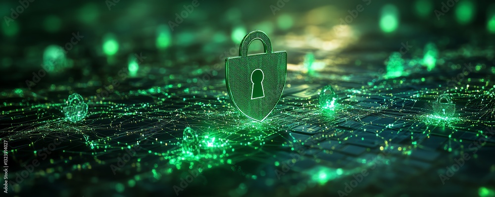 Poster secure data flow with shield and padlock icon on bright background, glowing green interconnected doc