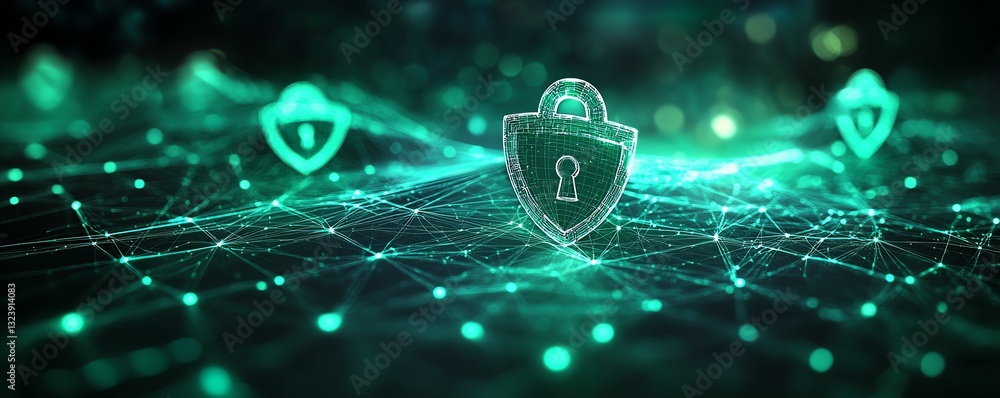 Poster secure data flow with shield and padlock icon on bright background, glowing green interconnected doc