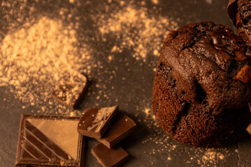 Close-Up of Chocolate Muffin with Chocolate Chunks and Cocoa Powder