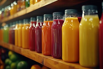 A colorful array of fresh juices and smoothies displayed in bottles on a wooden shelf, showcasing a healthy and vibrant selection, tempting customers with natural flavors.