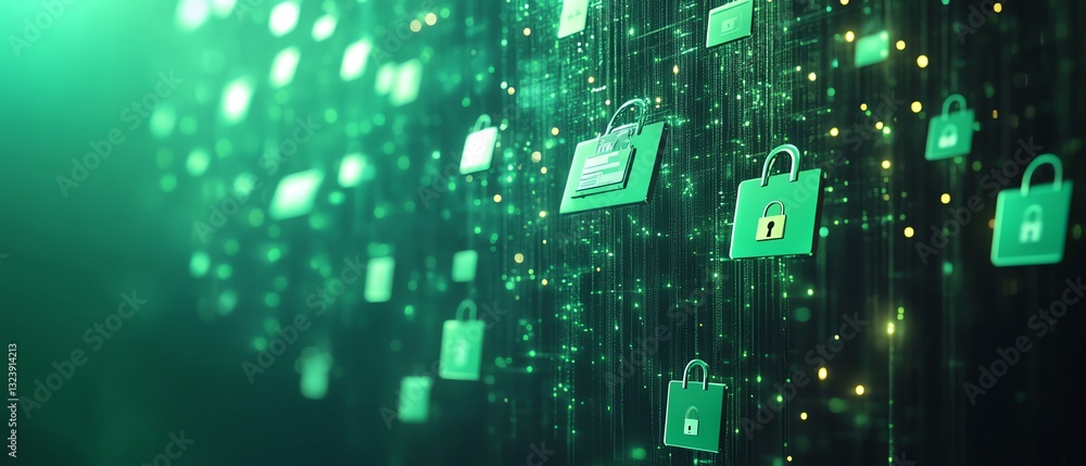 Poster shield and padlock icon with secure data flow, green interconnected documents, bright background, 3d