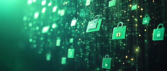Shield and padlock icon with secure data flow, green interconnected documents, bright background, 3D rendering, digital protection, modern tech security