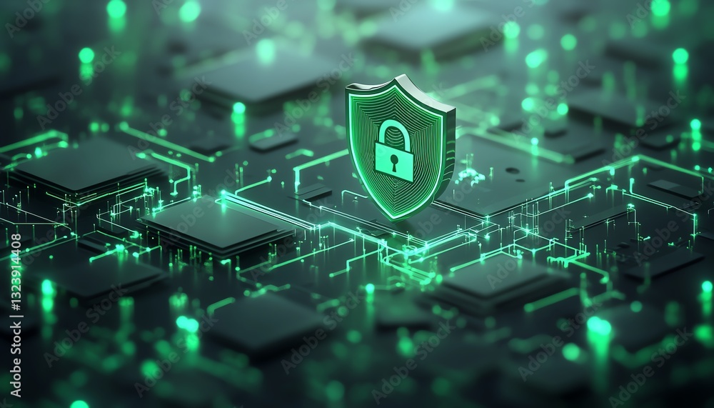 Poster 3d rendering of secure data flow with shield and padlock icon, green interconnected documents on bri
