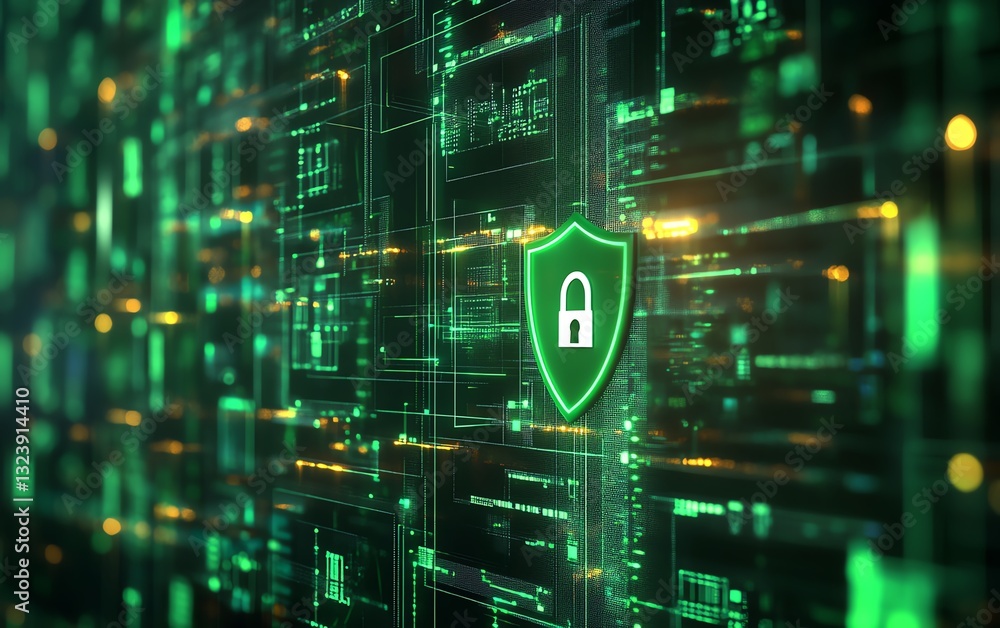 Poster 3d rendering of secure data flow with shield and padlock icon, green interconnected documents on bri