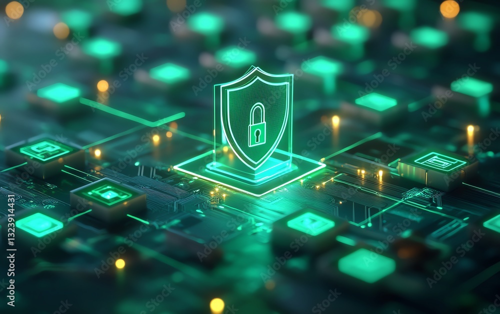 Poster 3d rendering of secure data flow with shield and padlock icon, green interconnected documents on bri