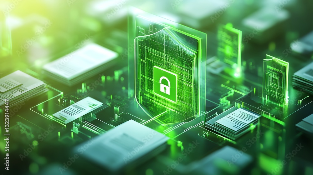 Poster 3d rendering of secure data flow with shield and padlock icon, green interconnected documents on bri