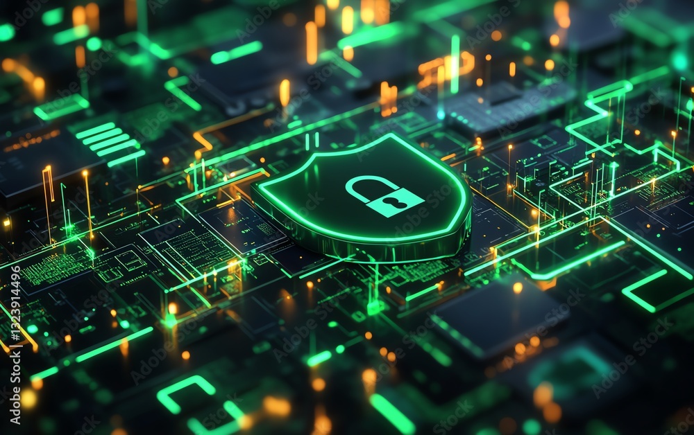 Poster 3d rendering of secure data flow with shield and padlock icon, green interconnected documents on bri