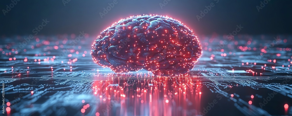 Poster abstract ai brain circuit on light background with digital tech elements, innovation concept, glowin