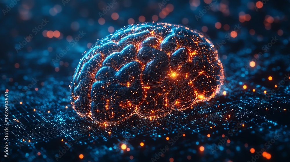 Poster abstract ai brain circuit with glowing digital tech elements, light background, neural connections, 