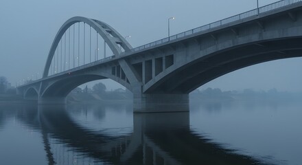 Obraz premium Industrial-style bridge with asymmetrical pillars over calm water body